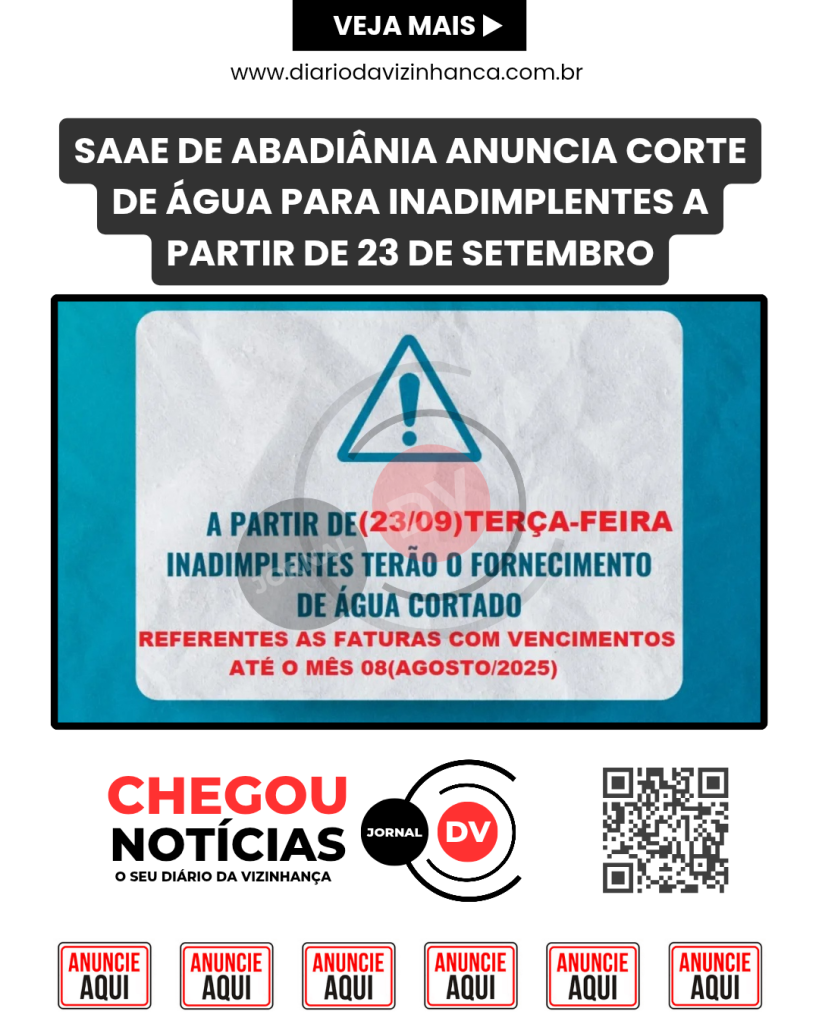 SAAE DE ABADIÂNIA ANUNCIA CORTE DE ÁGUA PARA INADIMPLENTES A PARTIR DE 23 DE SETEMBRO