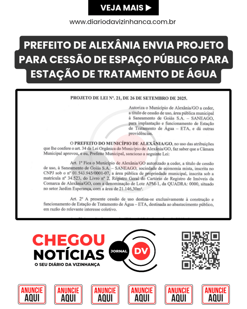 PREFEITO DE ALEXÂNIA ENVIA PROJETO PARA CESSÃO DE ESPAÇO PÚBLICO PARA ESTAÇÃO DE TRATAMENTO DE ÁGUA