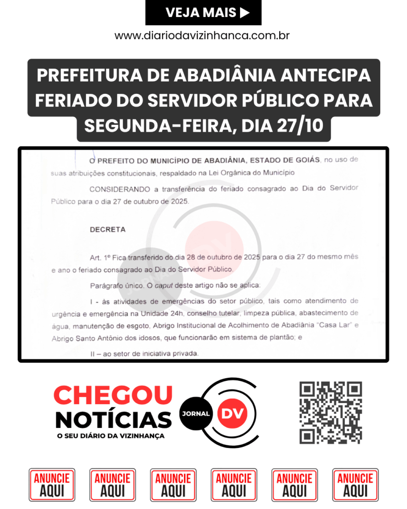 PREFEITURA DE ABADIÂNIA ANTECIPA FERIADO DO SERVIDOR PÚBLICO PARA SEGUNDA-FEIRA, DIA 27/10