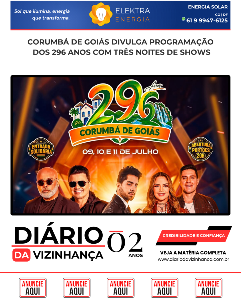 CORUMBÁ DE GOIÁS DIVULGA PROGRAMAÇÃO DOS 296 ANOS COM TRÊS NOITES DE SHOWS