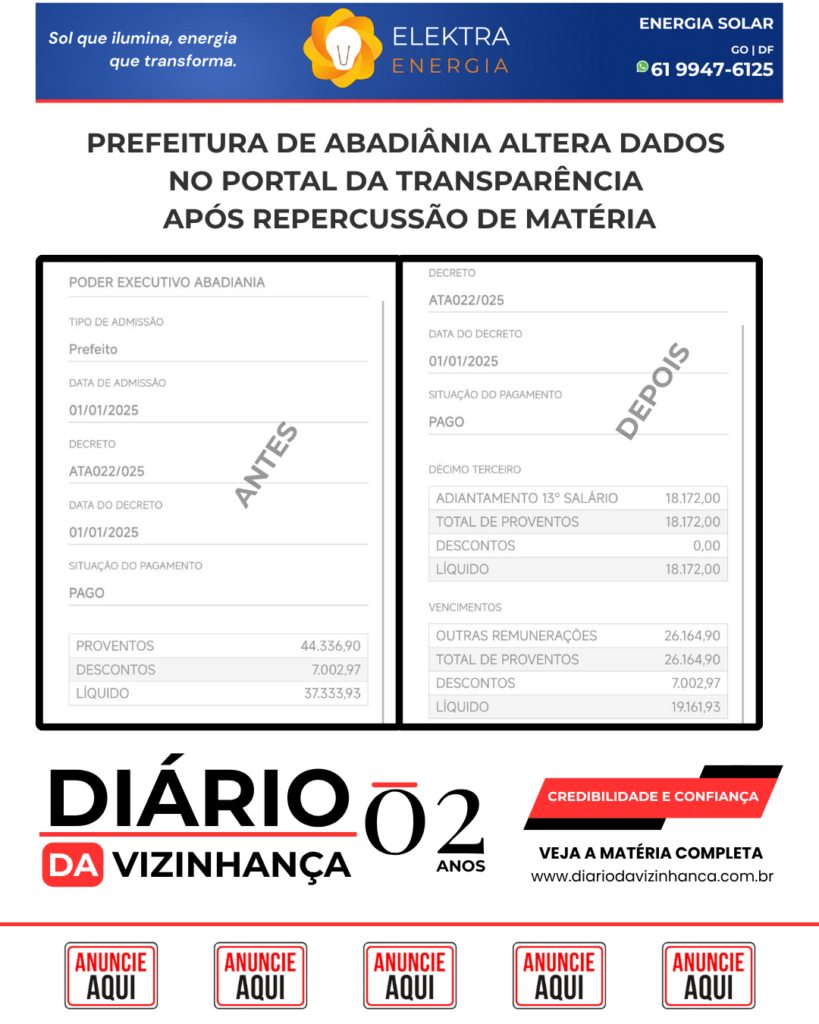PREFEITURA DE ABADIÂNIA ALTERA DADOS NO PORTAL DA TRANSPARÊNCIA APÓS REPERCUSSÃO DE MATÉRIA