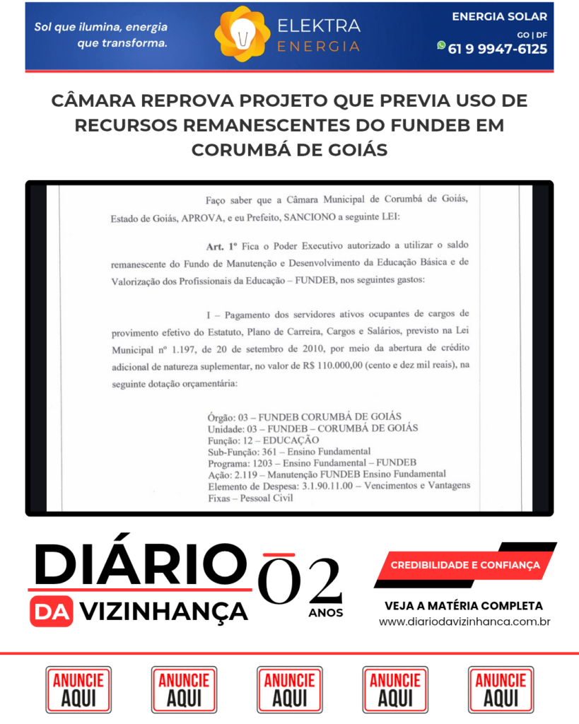 CÂMARA REPROVA PROJETO QUE PREVIA USO DE RECURSOS REMANESCENTES DO FUNDEB EM CORUMBÁ DE GOIÁS